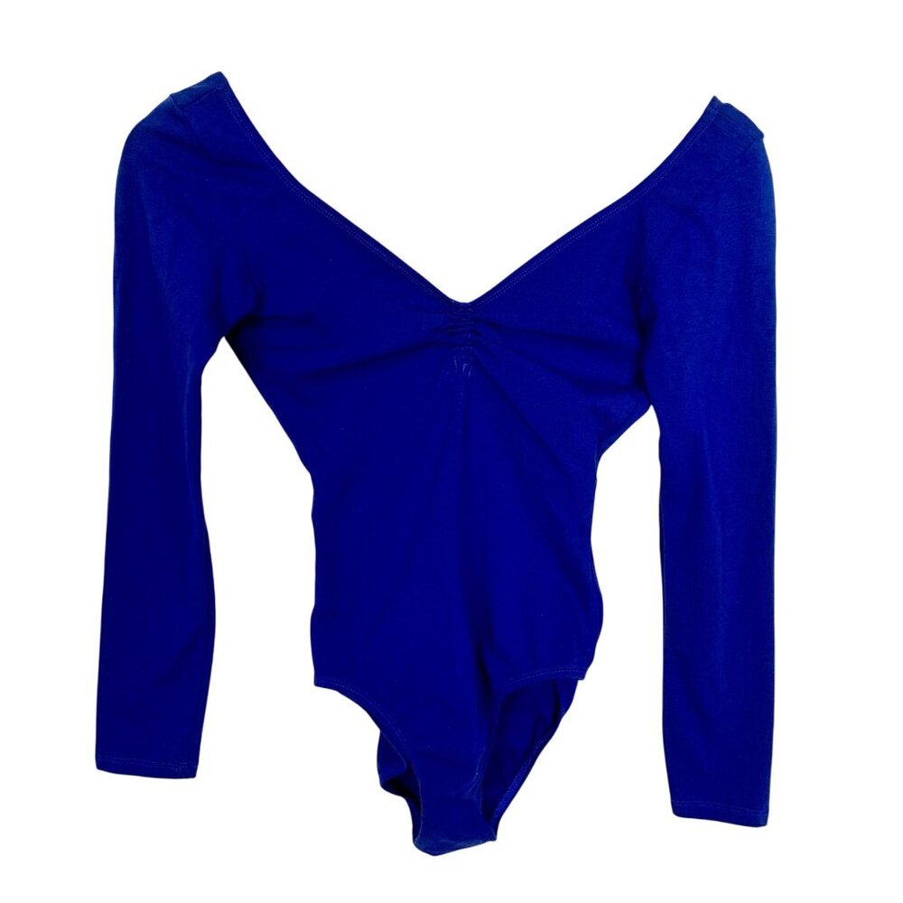 Capezio Pinch Drawstring Front Long Sleeve Leotard Petite Blue Cotton Blend 9914